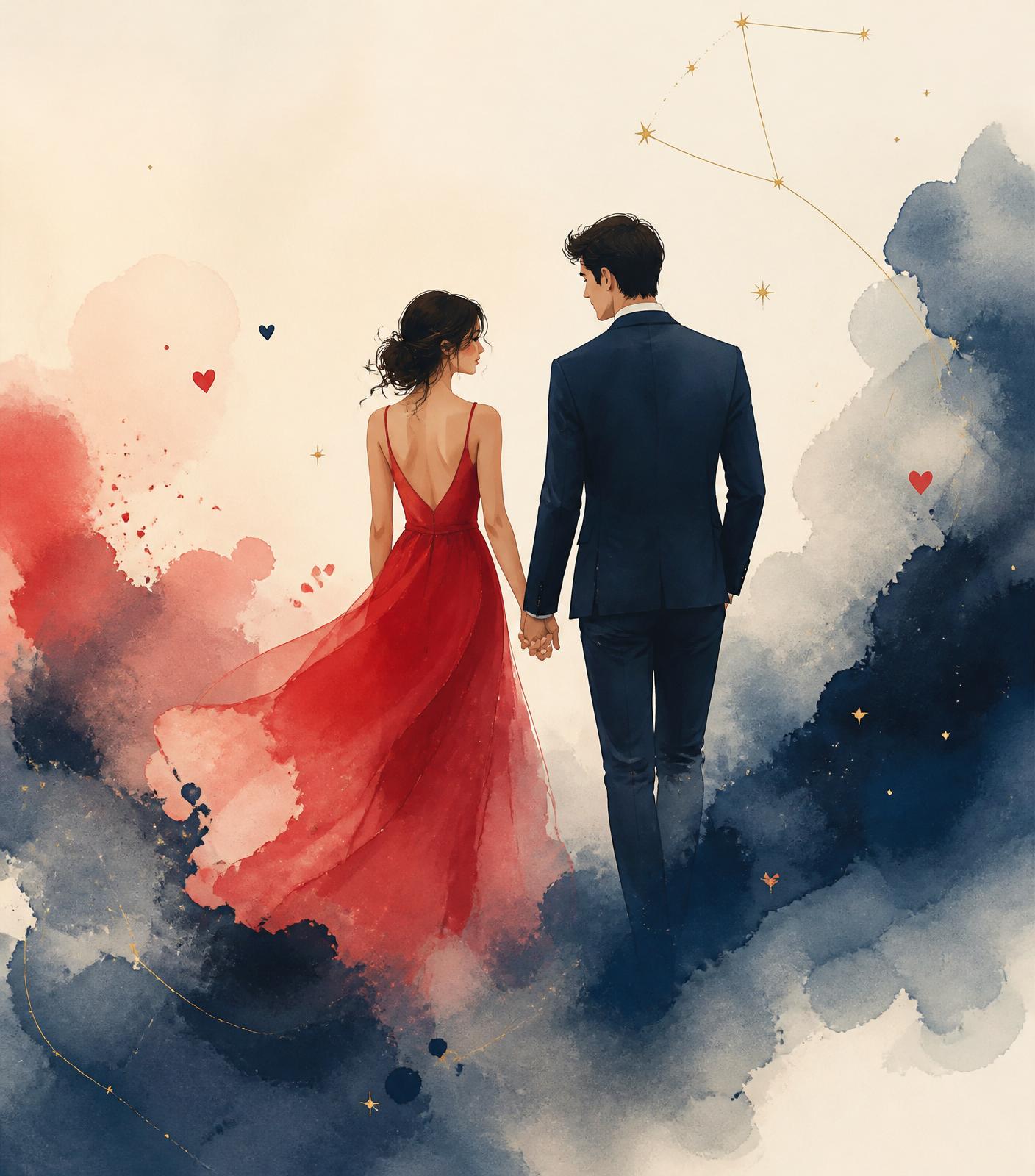A couple walking hand-in-hand through soft watercolor mist